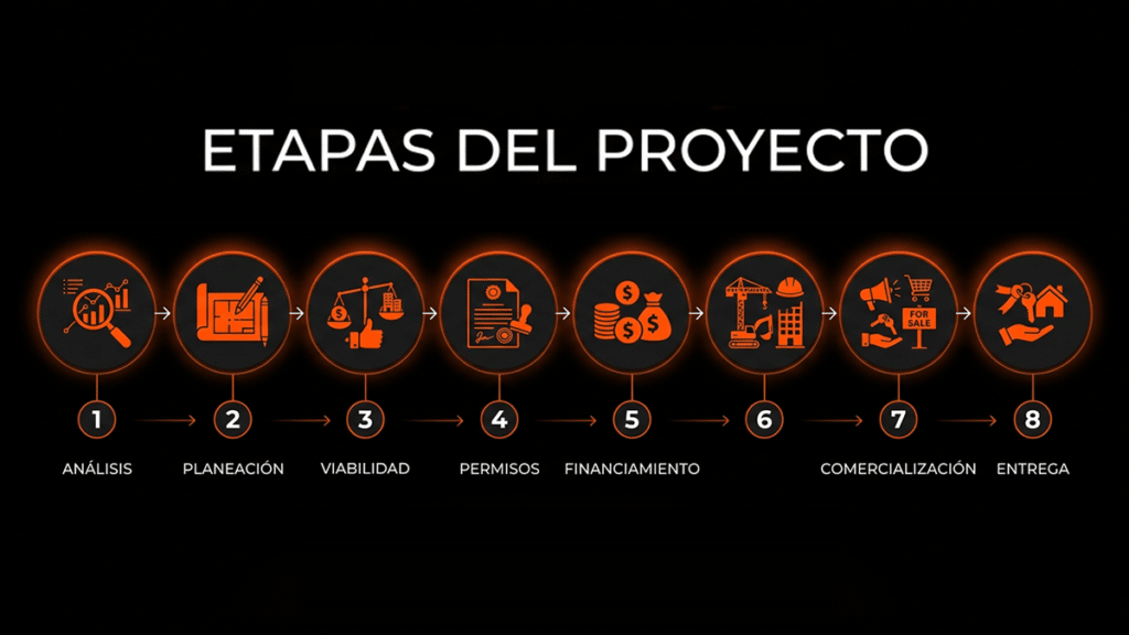 Etapas de un proyecto de desarrollo inmobiliario.
Ubicación: debajo del encabezado «Las etapas de un proyecto inmobiliario».